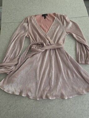 SBetro Metallic Rose-Pink Pleated Wrap Dress with Belt